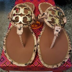 Tory Burch Women's Metal Milket Snake Printef Leather Sandals